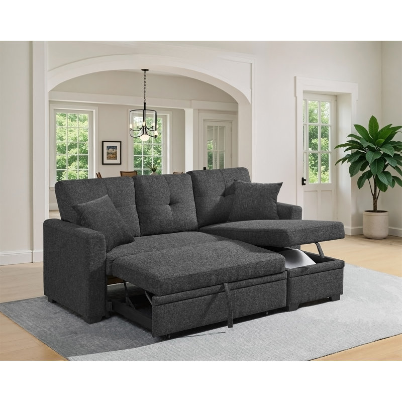 Canapé modulaire 76,5 po en mélange de lin avec lit escamotable et rangement pour chaise longue