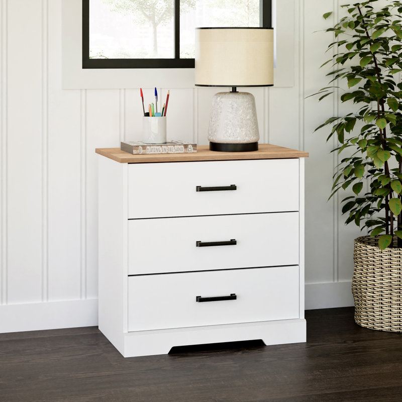 Yazeed 27.5'' Wide 3-Drawer Nightstand, Farmhouse Bedside End Table with 3 Drawers, Storage for Bedroom, Office, Living Room, 16.25" D x 27.5" W x 26.75" H, White and Natural Oak