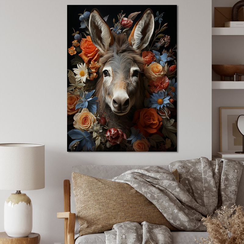Mignon âne avec fleurs colorées en harmonie - âne, art mural, Toile tendue, H 32 po x l 16 po