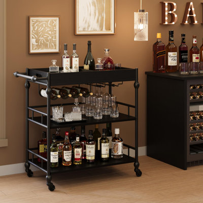 3-Tier Bar Cart with Wheels, Metal Rolling Serving Cart with Wine Rack and Removable Tray for Kitchen, Dining Room, and Living Room