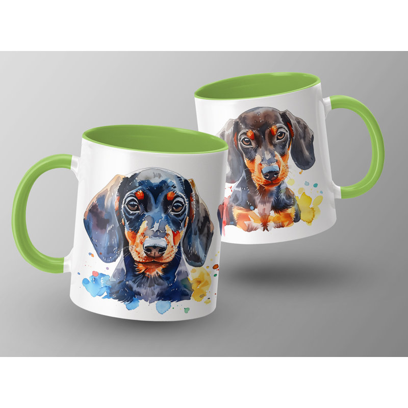 11oz Watercolour Dachshund Dog Design Coffee Mug, Light Green, 3