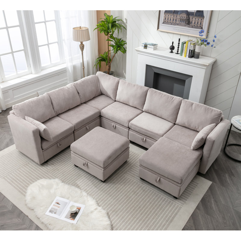 Calkins Upholstered Sofa Sectional, Light Gray Polyester