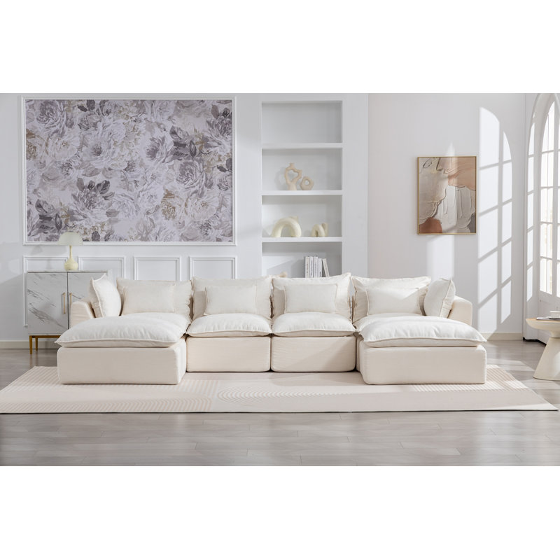 Canapé modulaire surdimensionné à 4 places avec 2 repose-pieds 129,8 po, Blanc antique