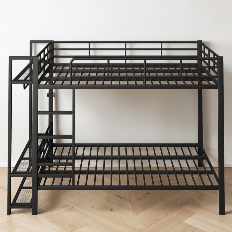 Full Over Full Bunk Bed With Clothes Tree And LED Lights, Black, Queen Over Queen