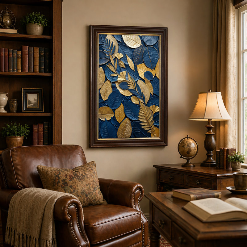 Art mural antique sur toile encadré doré pour le salon, la chambre à coucher, le bureau ou le vestibule - décoration murale décorative avec or bleu
