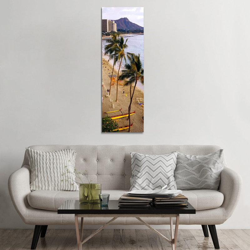 High Angle View Of Tourists On The Beach, Waikiki Beach, Honolulu, Oahu, Hawaii, USA - Wrapped Canvas Panoramic Print