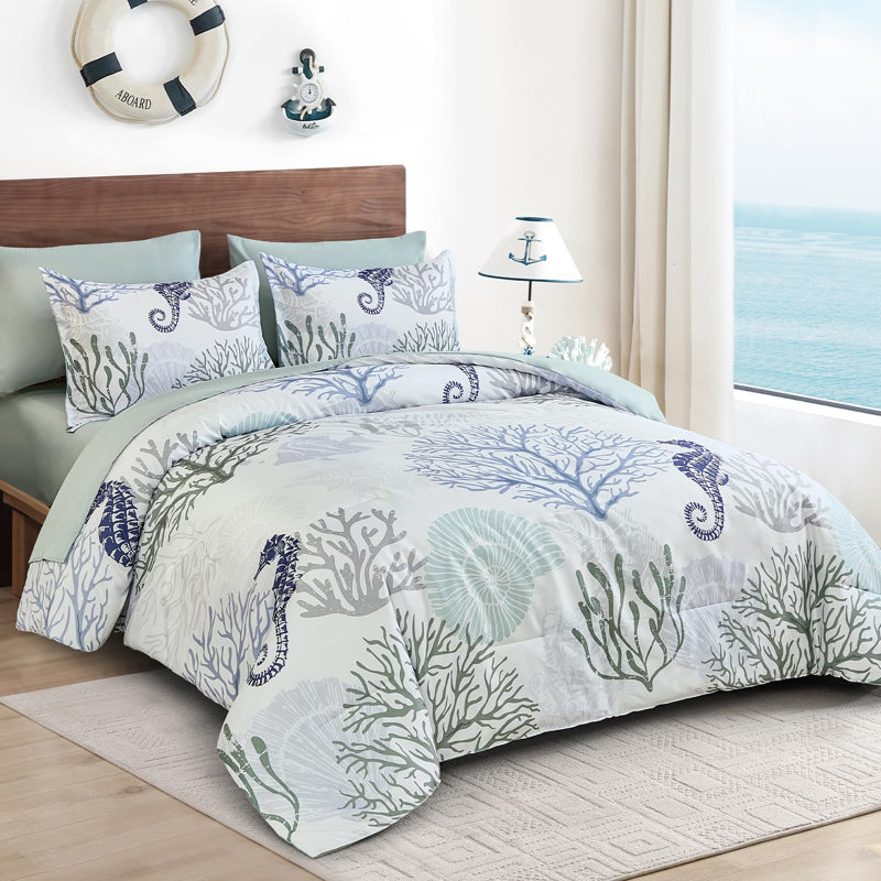 7-Piece Coastal Beach Comforter Set, Ocean Nautical All-Season Bedding, Coastal