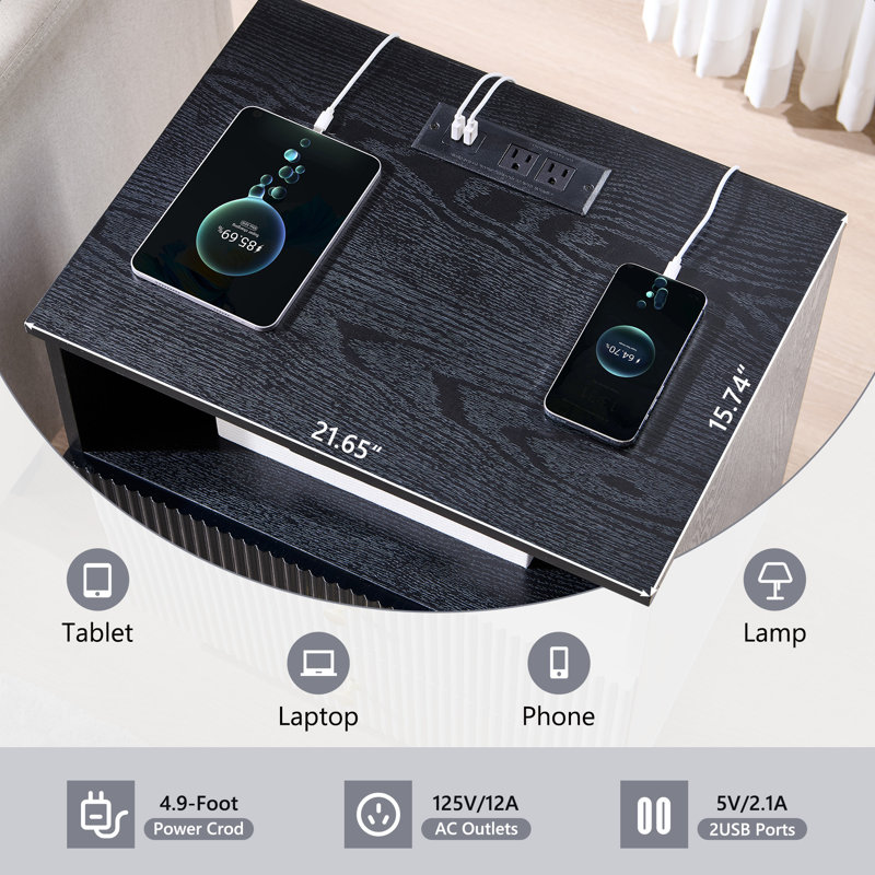 Fluted End Table with Charging Station, 21.65" Wide Side Table with 2 Drawers, Black