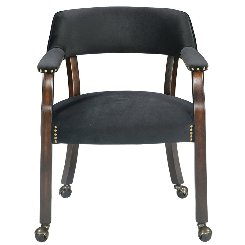 Wexford Collection Mid-Century Modern Upholstered Fabric Dining Chair, Wood Accent Chair with Arms and Casters for Dining Room, Vanity or Office, Velvet-Look Black Dining Chair