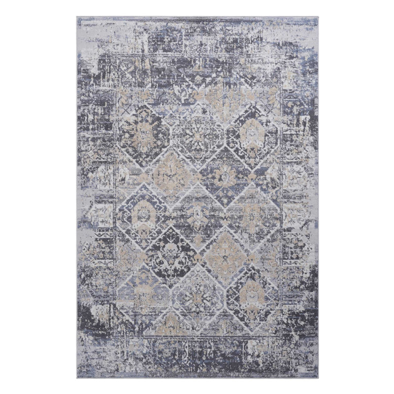 Tapis traditionnel gris / bleu Payas, Rectangle 5 pi 3 po x 7 pi 6 po