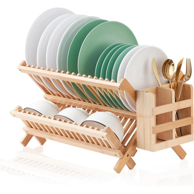 Bamboo Dish Drying Rack, 2 Tier Collapsible Dish Rack With Utensil Holder, Wooden Dish Drying Rack For Kitchen Counter, Large Folding Drying Holder, Dish Drainer