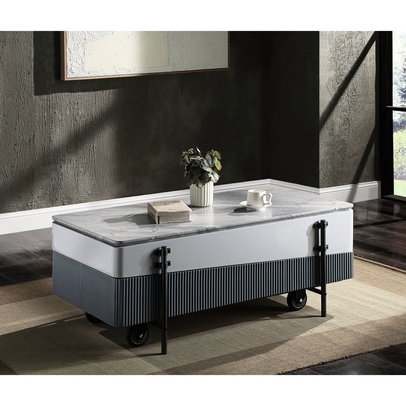 Table basse moderne grise et blanche avec plateau relevable et tiroir dissimulé