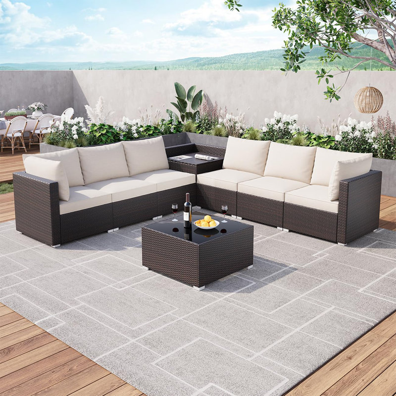 8 Pieces Outdoor Patio Furniture Set With Storage, 4 Inch Cushions Outdoor Wicker Rattan Patio Furniture Sectional Set