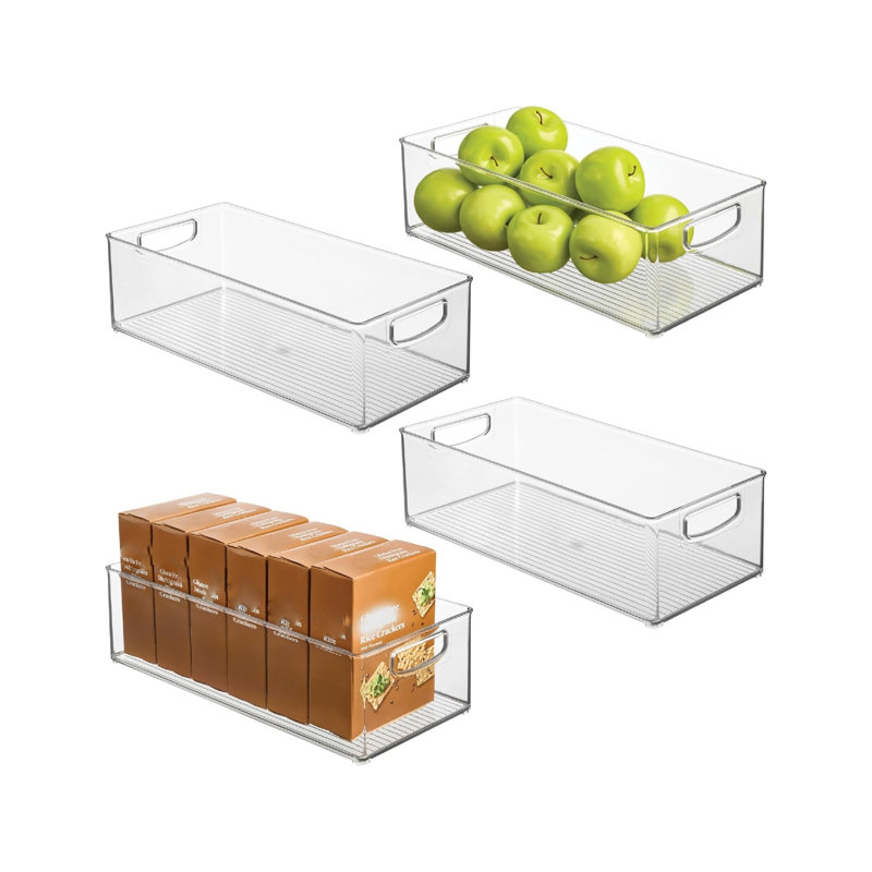 Plastic Stackable Pantry Bin Organizer Bin with Handles for Cabinets or Fridge Set of 4 Clear