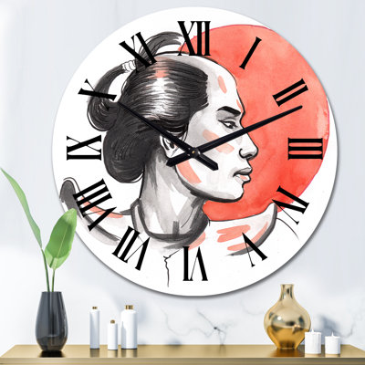 Samurai Warrior and Red Sun - Mid-Century Modern Wall Clock