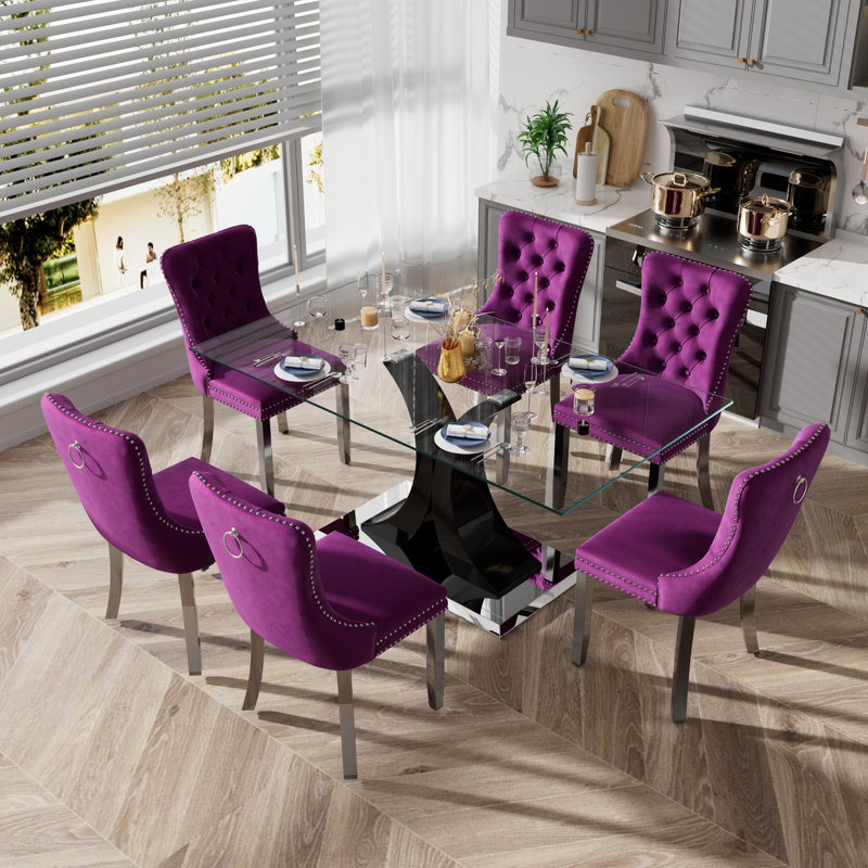 Rectangle Tempered Glass Dining Table Set, 7, Purple, Black