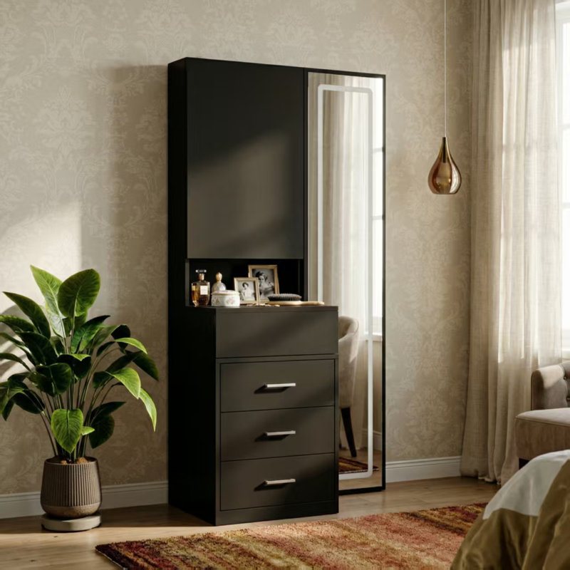 Armoire-penderie à 3 tiroirs H 63 po avec miroir à DEL réglable Wakeham, Noir