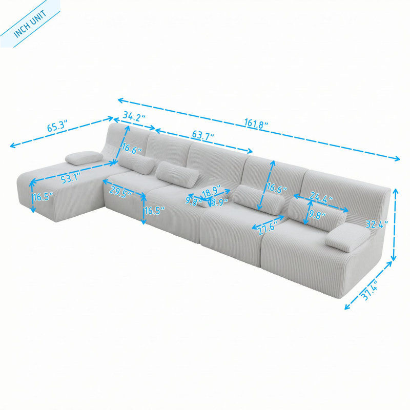 Canapé modulaire 5 places avec soutien ergonomique et velours côtelé, Red