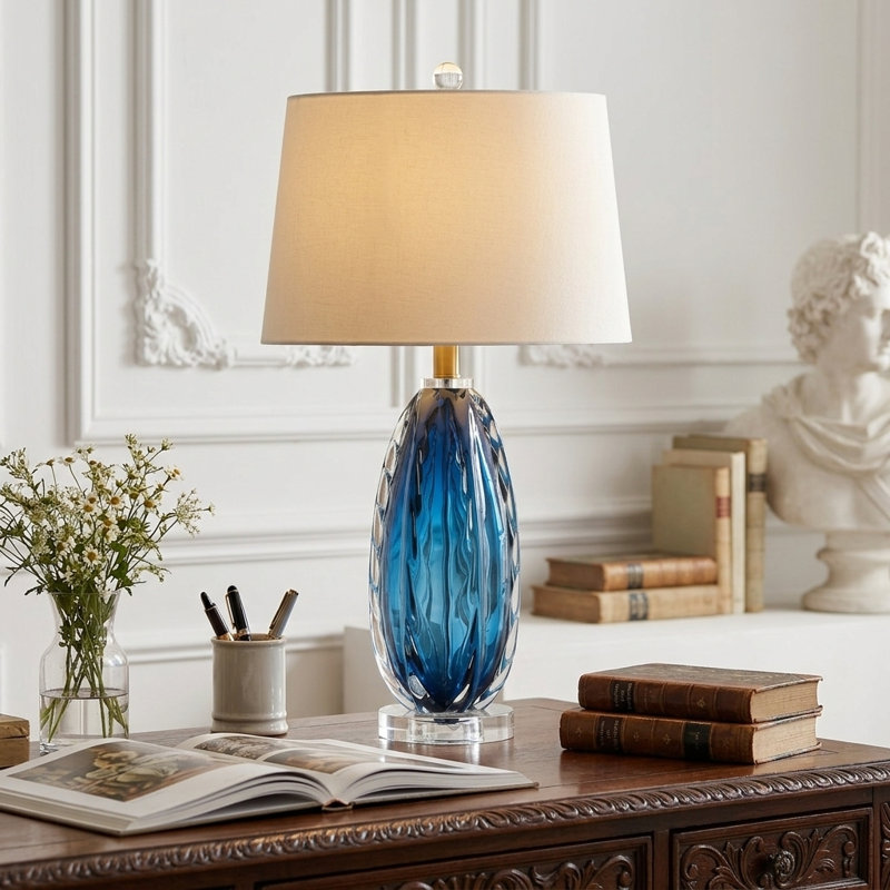 Lampe de table moderne en verre bleu de 63,5 cm (25 pouces), élégante lampe de chevet en verre soufflé à la main pour chambre ou salon