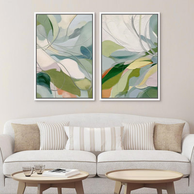 «Green Calm Relax Abstract Floral Botanical», reproduction d'art sur toile encadrée, 2 pièces
