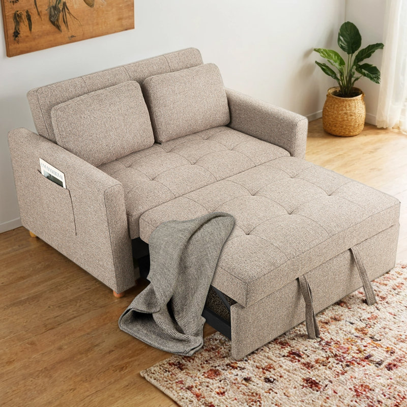 Meit 49"W Convertible Sleeper Sofa 3-In-1, Brown Gray Linen