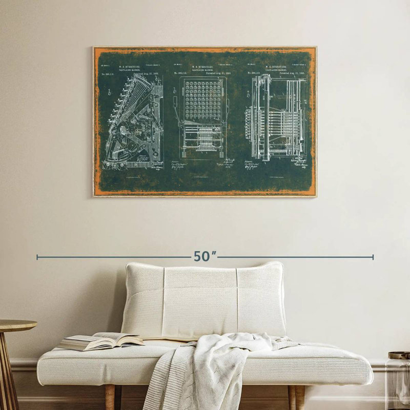 Machine à calculer brevet bleu sarcelle, Cadre flottant en bois naturel, 40 po x 27 po