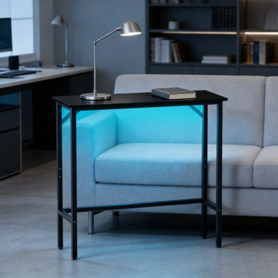Console mince avec éclairage DEL et station de charge, table d'entrée multifonctionnelle pour petits espaces, design industriel moderne avec lumières RVB réglables et prises de courant