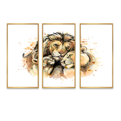 «Family of lion and cubs» - ensemble d'art mural sur toile traditionnel encadré de 3