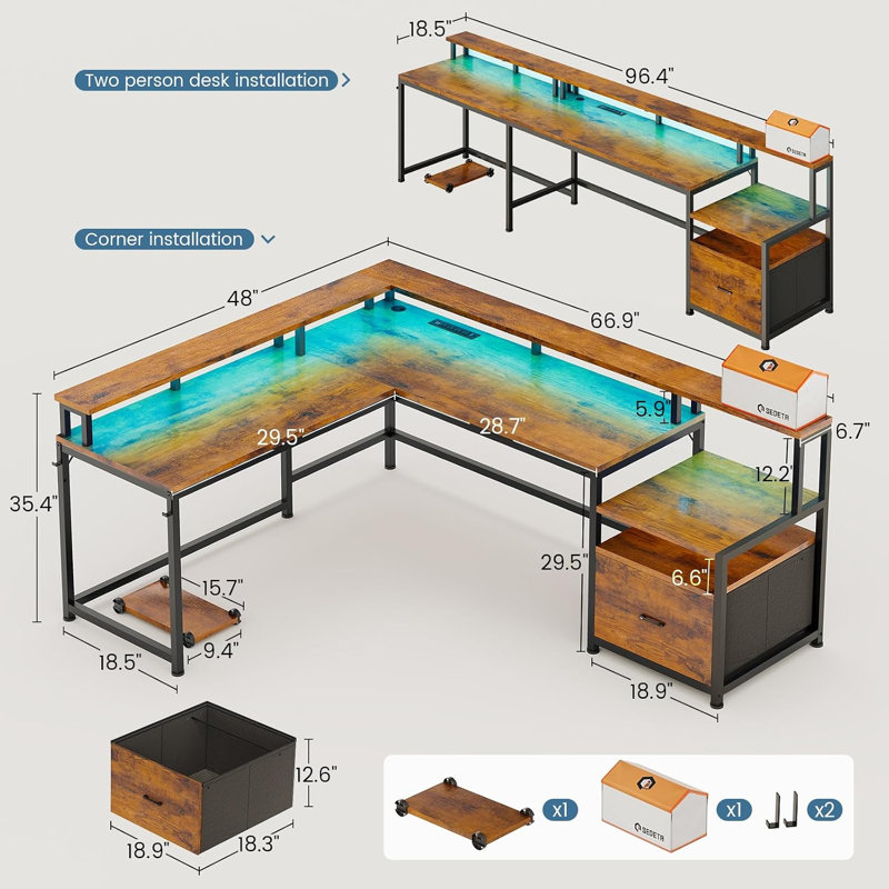 Bureau en L Molineux avec prises intégrées, Brun