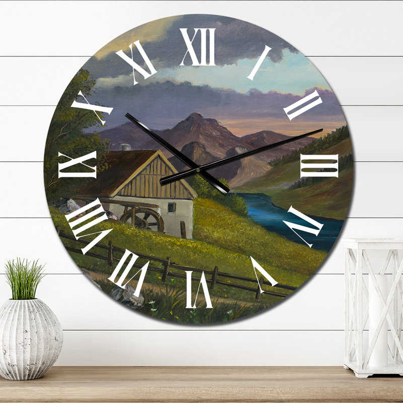 Paysage de montagne avec un vieux moulin à une rivière - horloge murale Lake House, Petit