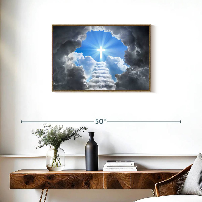 Escalier vers Jésus-Christ, Cadre flottant en bois naturel, 31 po x 21 po