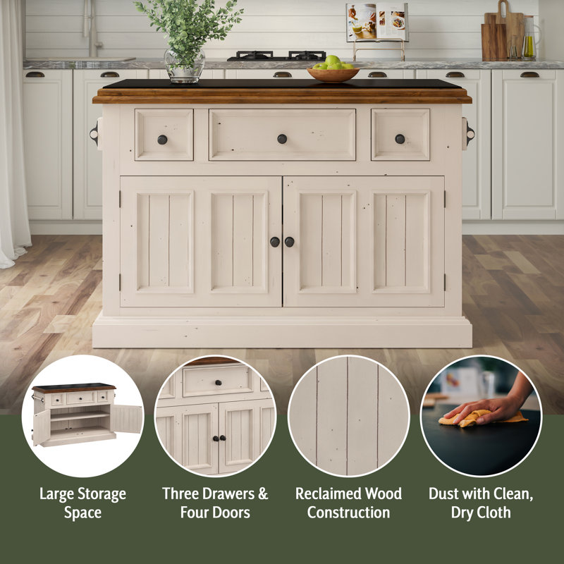 Harpenden Solid Wood Kitchen Island with Locking Wheels, Country White/Black