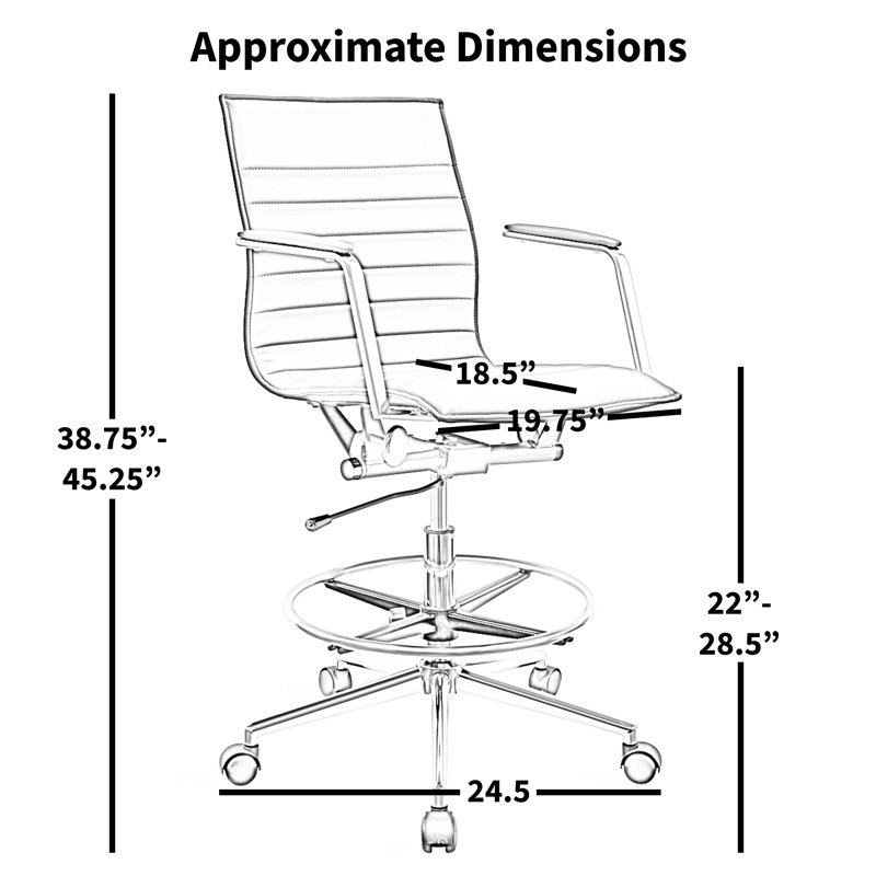 Set of 2 Modern Drafting Chair | Upholstered PU Leather Ribbed Mid Back with Tall Adjustable Base & Leg Rest Swivel, Home, Executive, Conference, Meetings, Armless, No Arms, With Arms