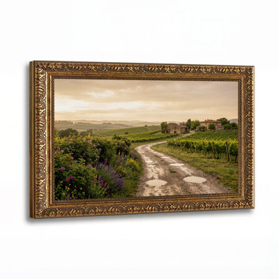 Tableau sur toile représentant des collines vallonnées et des maisons en pierre au coucher du soleil