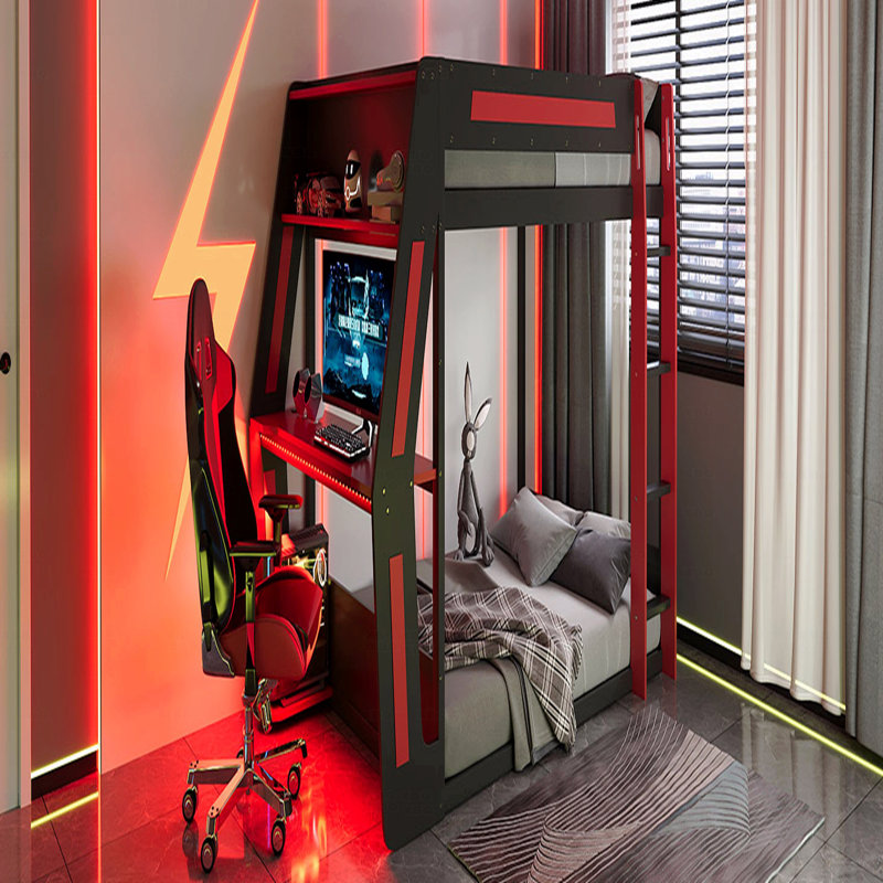 Structure de lit superposé pleine grandeur avec bureau surdimensionné à fixation latérale, avec ports de charge USB et œillets de câble, avec bande d'éclairage à DEL, structure de loft Esports robuste - Design rouge