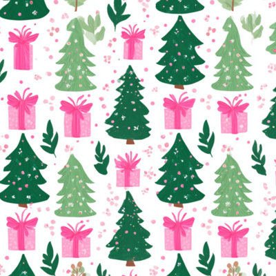 Peel and Stick Wallpaper Festive Seamless Christmas Green Trees Pink Bows Contact Paper Removable Self Adhesive Wall Mural Wall Decor for Bedroom Kitchen Cabinets 17.7in x 118in