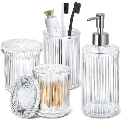 Ensemble de 4 ensembles d'accessoires de salle de bain en verre transparent, ensemble de distributeur de savon à nervures et porte-brosse à dents avec 2 supports Qtip, décoration de comptoir de salle de bain moderne argent