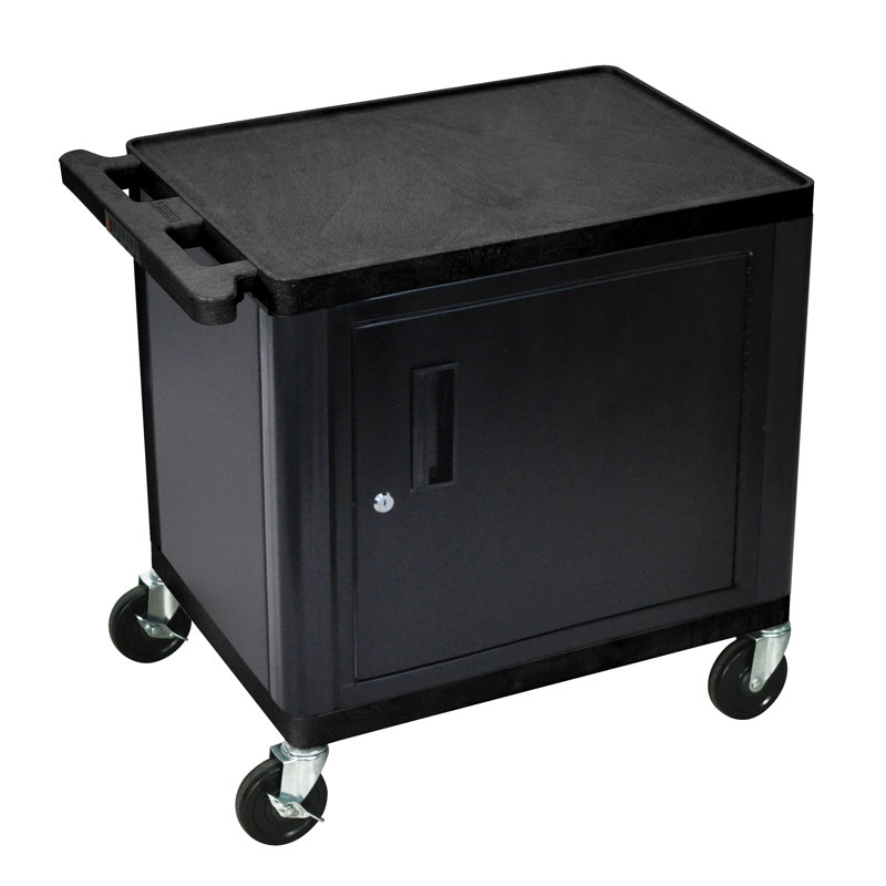 Black Molded Plastic AV Cart with Locking Cabinet and Wheels