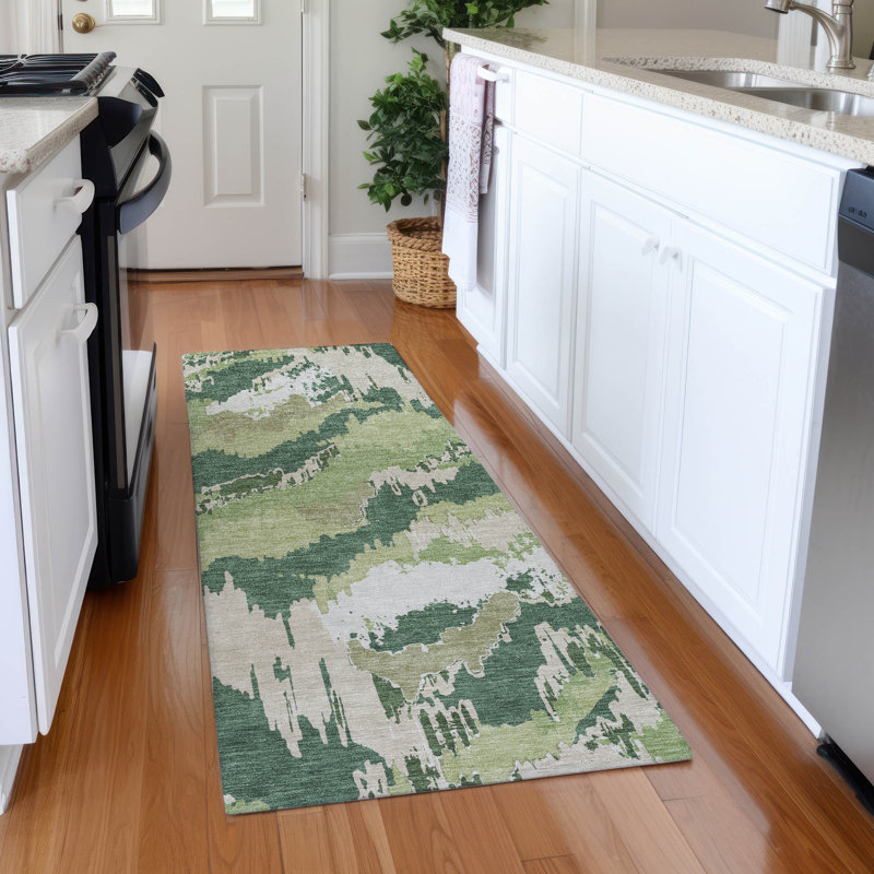 Premium Machine Washable Prisco Green Rug, Runner 2'3" x 7'6"