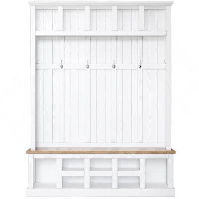 Farmhouse Wooden Style Hall Tree With Wide Storage Seating Bench, Entryway Shoe Cabinet With 13 Compartments, Elegant Coat Rack With 6 Hooks For Mudroom, Living Room, White (OLD SKU: SD000032AAK)