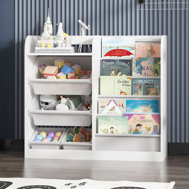 Bibliothèque Ankush avec rangement, bibliothèque de 31,5 po de hauteur avec 4 bacs en plastique et 5 pochettes de rangement profondes, présentoir de bibliothèque en bois avec tablettes, meubles de décoration intérieure pour le salon, la chambre à c