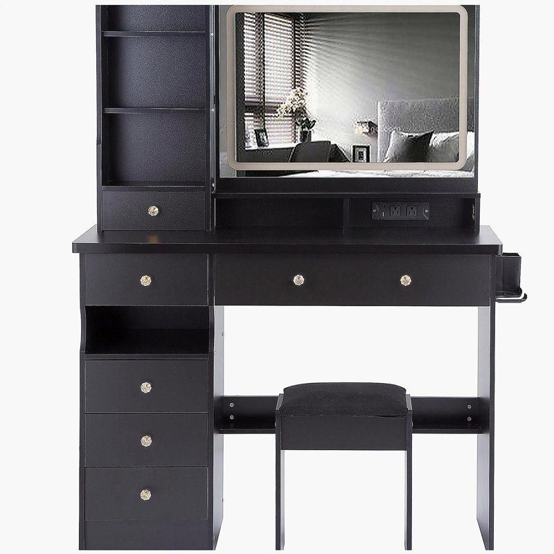 41" Large Size Left Drawer Desktop Vanity Table+Cushioned Stool Dresser Set, 2 AC+2 USB Power Station, Hair Dryer Stand, Extra Large Touch Control LED Mirror, 3-color Switch, EPA, GCC, UL Certificate