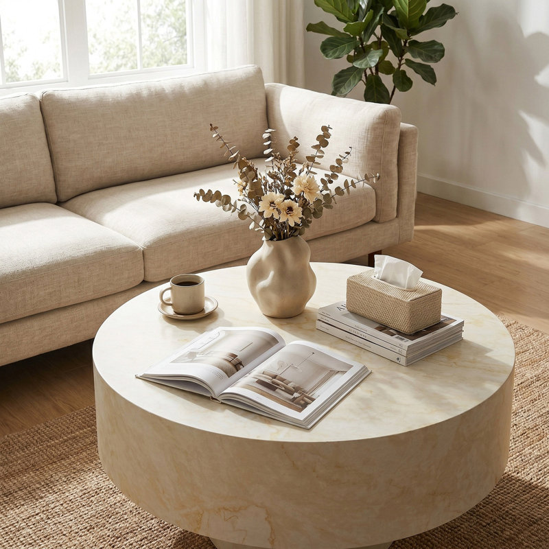 Table basse ronde, table basse cannelée avec piédestal robuste, table basse moderne Mid-Century pour salon, chambre à coucher, terrasse, bureau, petit espace