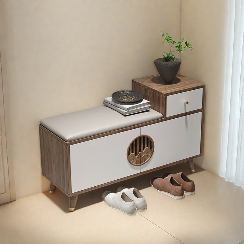 35.4in Multi-functional Shoe Storage Bench, White/Light Walnut