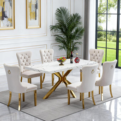 7 Piece Dining Table Set for 6, Modern 70" Faux Marble Dining Room Table with 6 Velvet Dining Chairs,Gold Stainless Steel Legs