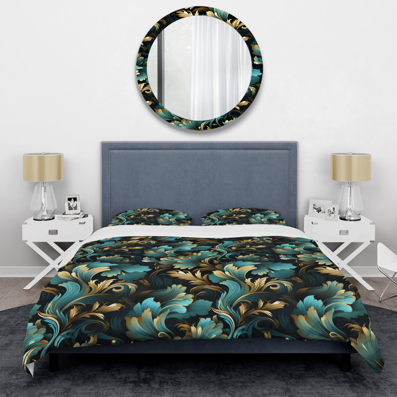 Gold And Blue Luxury Damask Symphony - Damask Duvet Cover Set, Housse de couette pour très grand lit et 2 très