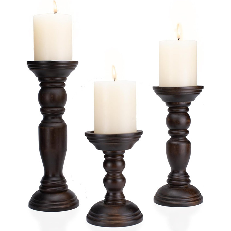 Set Of 3 Rustic Wooden Pillar Candle Holders