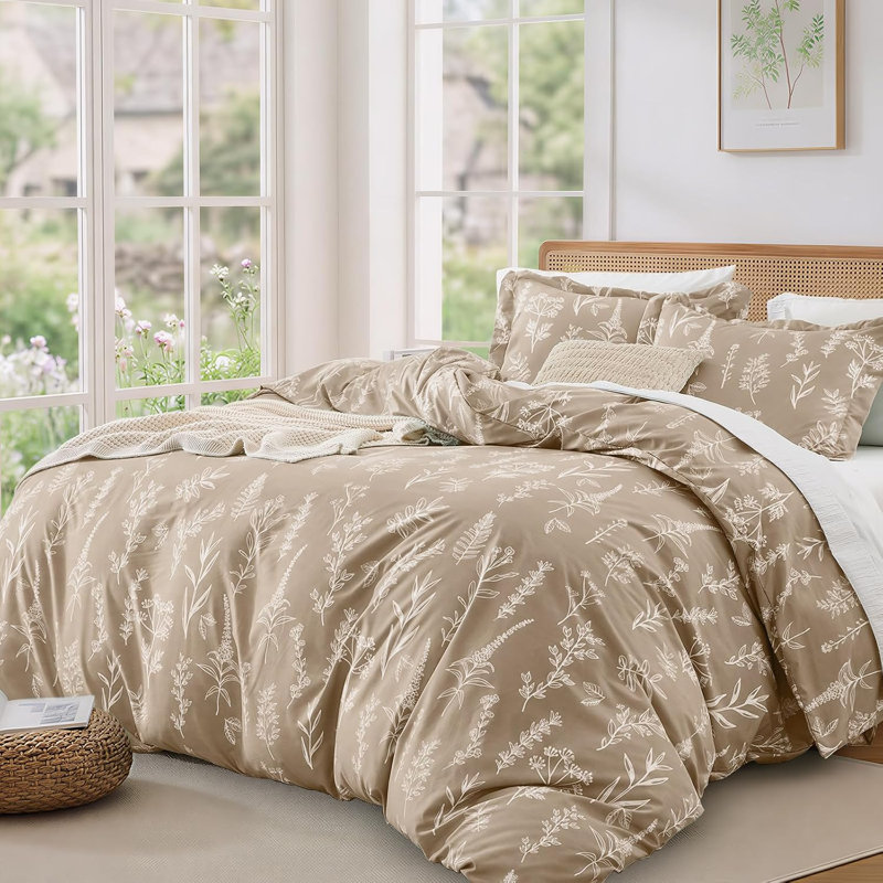 Ensemble de housse de couette réversible à motif floral Queen 3 pièces, literie en microfibre douce 90" x 90", Taupe Leaves