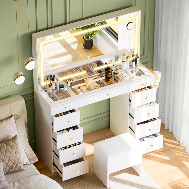 Coiffeuse 11 tiroirs avec miroir lumineux et tabouret de coiffeuse