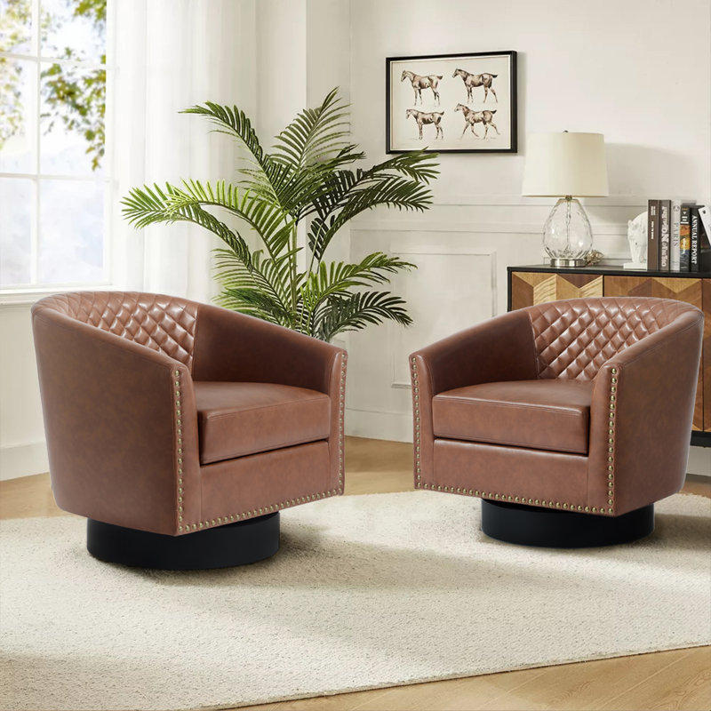 Petit fauteuil pivotant tonneau capitonné brun avec garniture cloutée Bennett, Similicuir brun